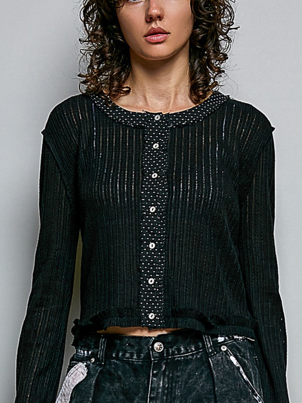 POL Black Ribbed Button-Up Long Sleeve Top with Polka Dot Trim